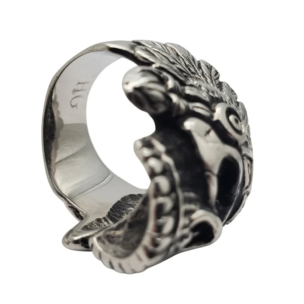 Skull Biker Ring Silver Tone Size 11 Headdress Feather Gothic Large Skeleton Vtg